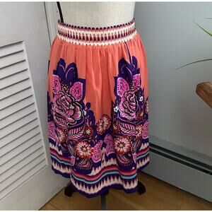 EDME ESYLLLTE Womens Skirt 10 Peach 100% Silk Pull On Bohemian Print Summer